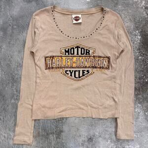 Vintage Tan Harley Davidson Long Sleeve Crop Top. Newcastle United Kingdom.